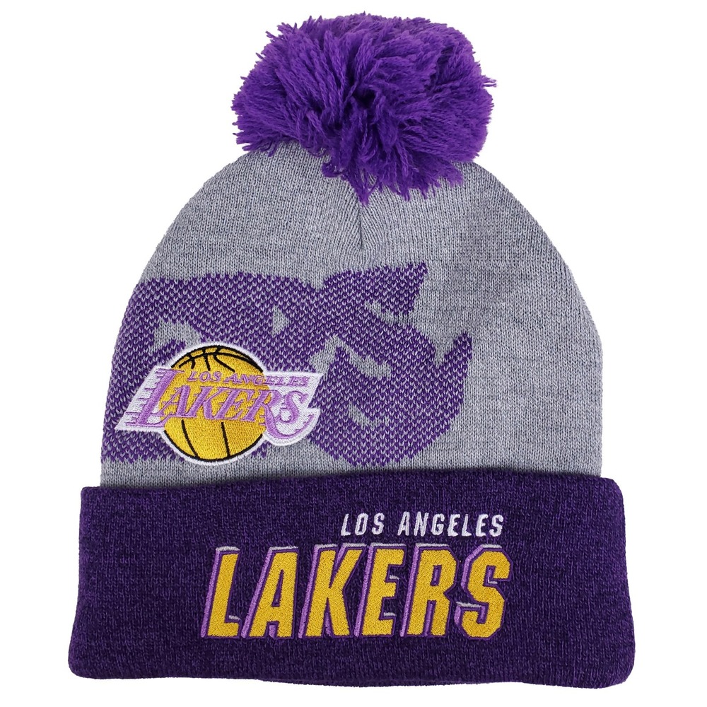 LA Lakers Mitchell & Ness NBA Cuff Knit Hat Pom Cap Embroidery Logos Purple New